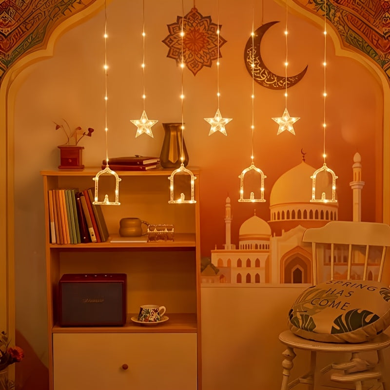 1pc Ramadan Lamp Decoration, Ramadan Curtain Light, Muslim Ramadan LED String Light, Crescent Moon Curtain Light, Moon Castle Curtain Light, Home Holiday Decoration, Warm and Romantic Atmosphere Light, Perfect for Ramadan, Ei