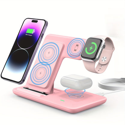 3-in-1 Magnetic Wireless Charging Station – Adjustable Stand USB Charger for iPhone, Apple Watch & AirPods (No Battery Needed)
