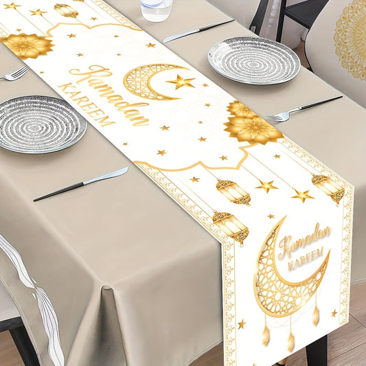 1pc Patimate Ramadan Kareem & Eid Mubarak Table Runner - White & Golden Islamic Crescent Moon and Star Decorations, Muslim Home Table Decor Suitable for Ramadan & Eid Al-Fitr Celebrations, Elegant Islamic Table Cover