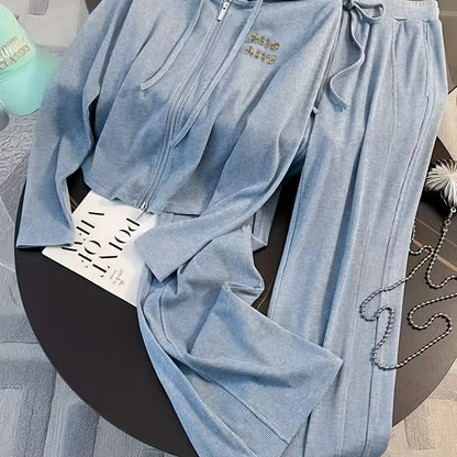 طقم بنطال نسائي من قطعتين بلون واحد للربيع والخريف - إطلالة أنيقة يومية