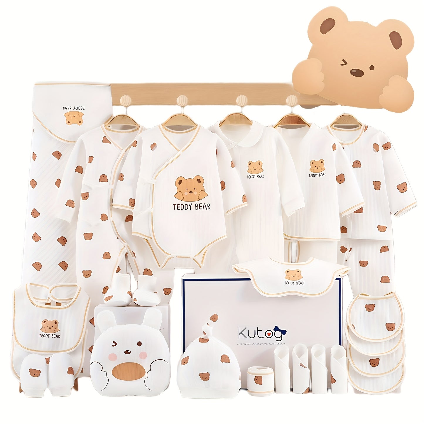 26-Piece Newborn Baby Clothing & Accessories Set – Soft Cotton White/Beige Layette with Brown Bear Designs, All-Season Unisex Gift Collection