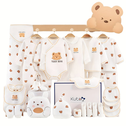 26-Piece Newborn Baby Clothing & Accessories Set – Soft Cotton White/Beige Layette with Brown Bear Designs, All-Season Unisex Gift Collection