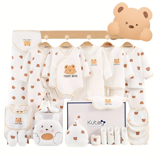 26-Piece Newborn Baby Clothing & Accessories Set – Soft Cotton White/Beige Layette with Brown Bear Designs, All-Season Unisex Gift Collection