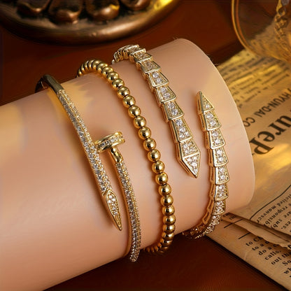 Exquisite Luxury Women'S Jewelry Set of 3, Elegant Style with Copper Plated Golden Inlaid Synthetic Zirconia Design Featuring Snake-Shaped Open Bracelet, Nail-Shaped Bracelet, and Round Bead Bracelet Suitable for Daily Wear a