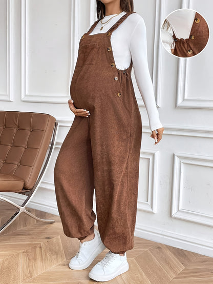Women’s Maternity Oversized Trousers – Full-Length Corduroy-Style Pregnancy Pants with Adjustable Drawstring Waist & Golden-Tone Buttons