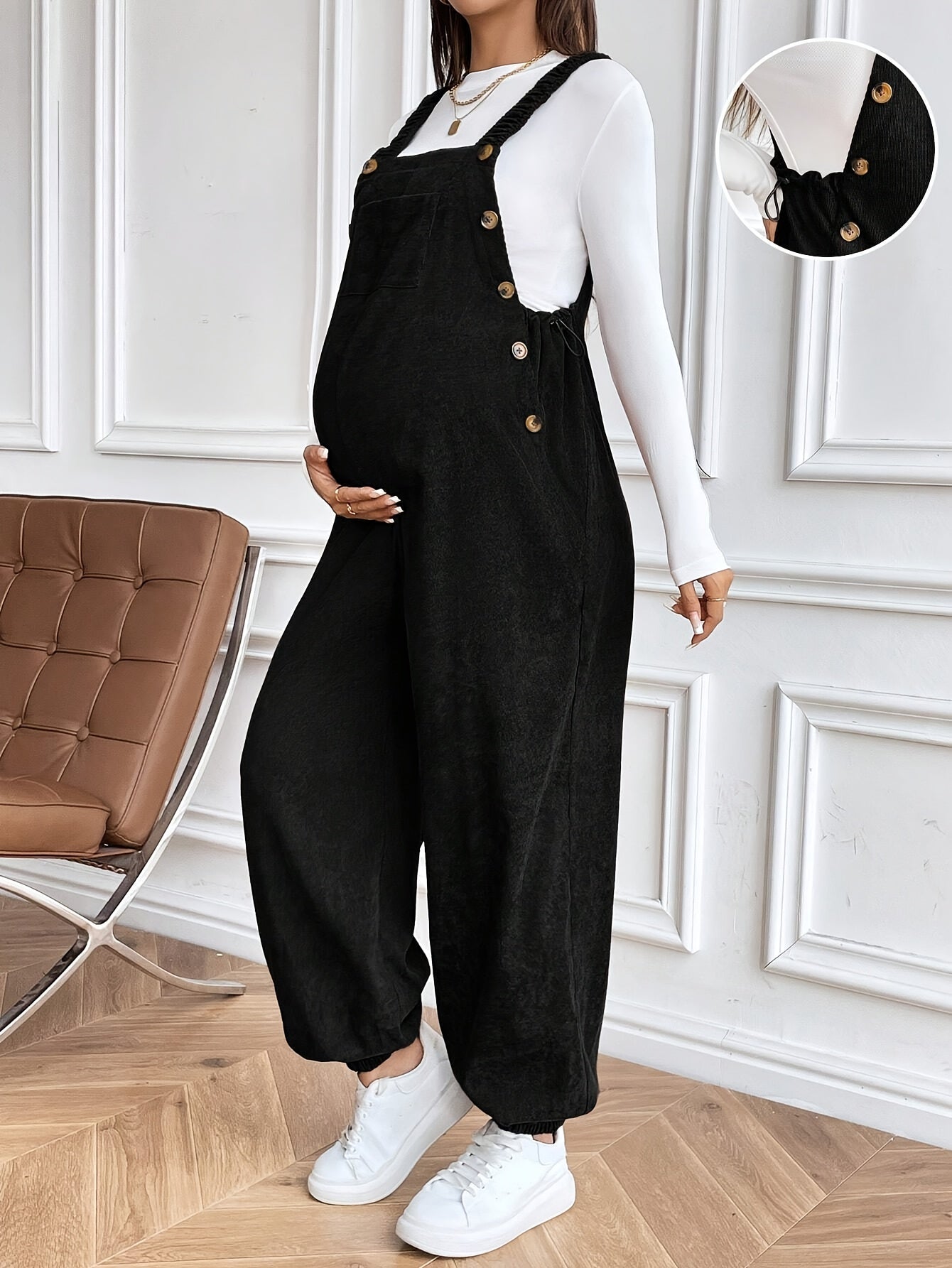 Women’s Maternity Oversized Trousers – Full-Length Corduroy-Style Pregnancy Pants with Adjustable Drawstring Waist & Golden-Tone Buttons