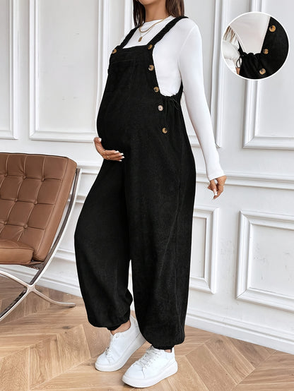 Women’s Maternity Oversized Trousers – Full-Length Corduroy-Style Pregnancy Pants with Adjustable Drawstring Waist & Golden-Tone Buttons