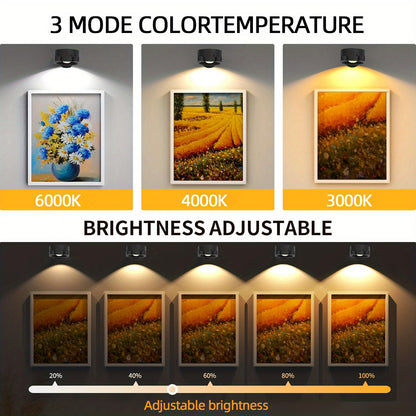 Rechargeable LED Wall Lamp – 360° Rotating Spotlight with Remote & Touch Control, 3-Color Dimming for Home & Gallery