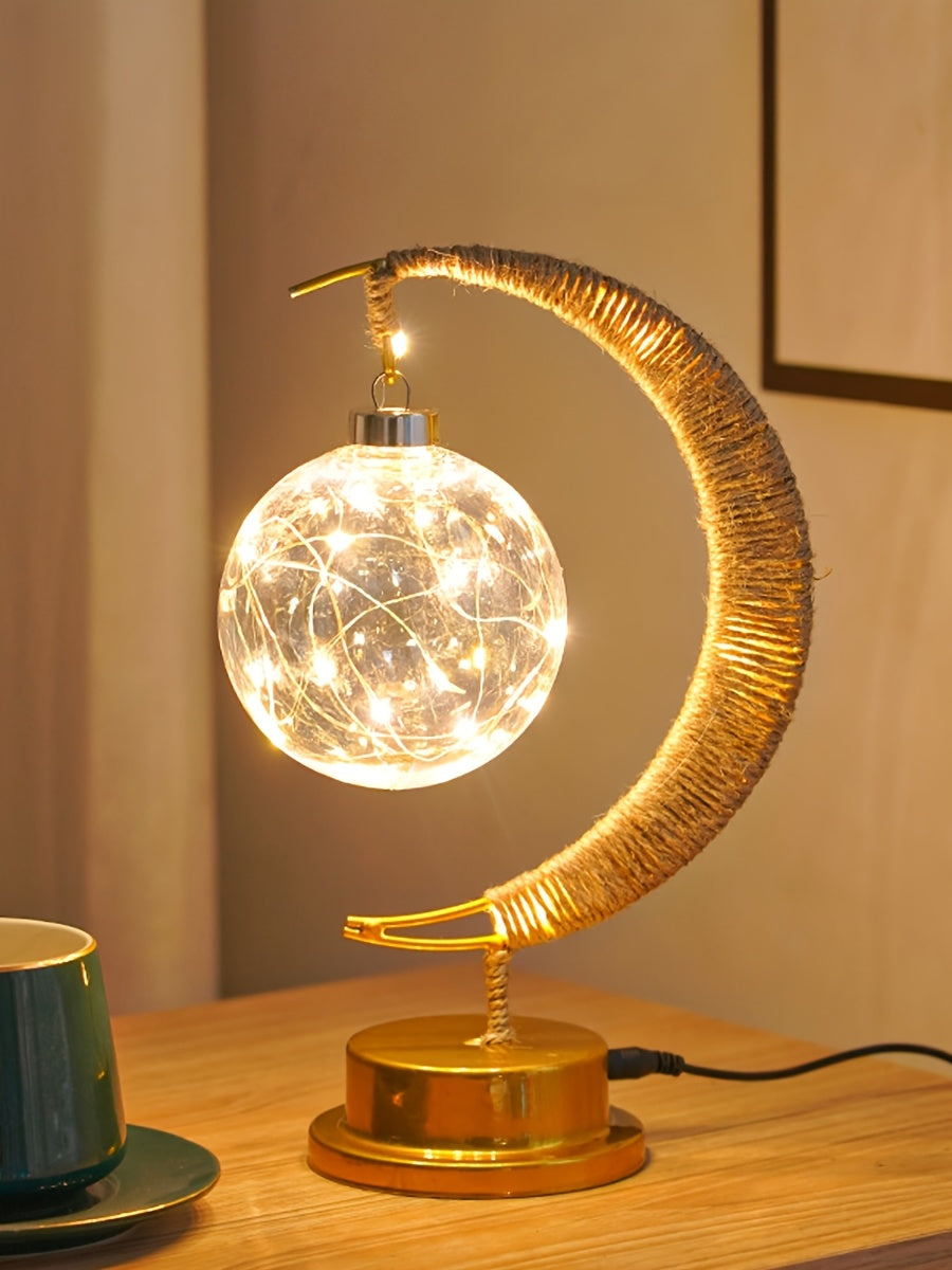 1pc LED Iron Art Hemp Rope Star and Moon Lamp Suitable for Festive Parties, Home Bedroom Table Light Atmosphere Modeling, Christmas, New Year, Eid al-Fitr and Ramadan Decoration Lighting (without Battery, Warm Light)