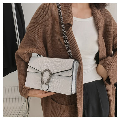 Women’s Luxury Crocodile-Embossed Crossbody Bag – Vintage Faux Leather Shoulder Purse with Adjustable Chain Strap, Zipper & Snap Closure, G-Style Design