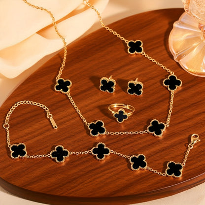 Women’s 5-Piece Stainless Steel Jewelry Set – Minimalist Four-Leaf Clover Necklace, Bracelet, Earrings & Ring, Elegant Daily & Party Gift Set (No Plating)