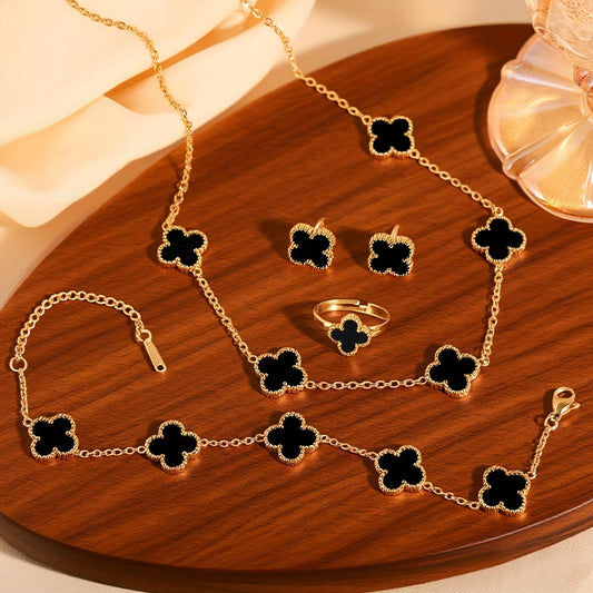 Women’s 5-Piece Stainless Steel Jewelry Set – Minimalist Four-Leaf Clover Necklace, Bracelet, Earrings & Ring, Elegant Daily & Party Gift Set (No Plating)