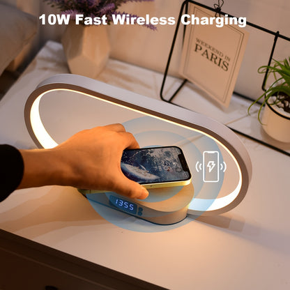10W Fast Wireless Charging Station with Adjustable LED Desk Lamp, Night Light & Clock – Touch Control USB Charger for iPhone, Samsung & Smartwatches
