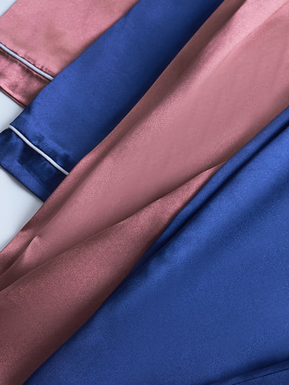 Women’s 2-Set Satin Pajama Collection – Long-Sleeve & Long-Pants Solid Color Sleepwear with Turned Collar and Elegant Button Detailing for Autumn/Winter