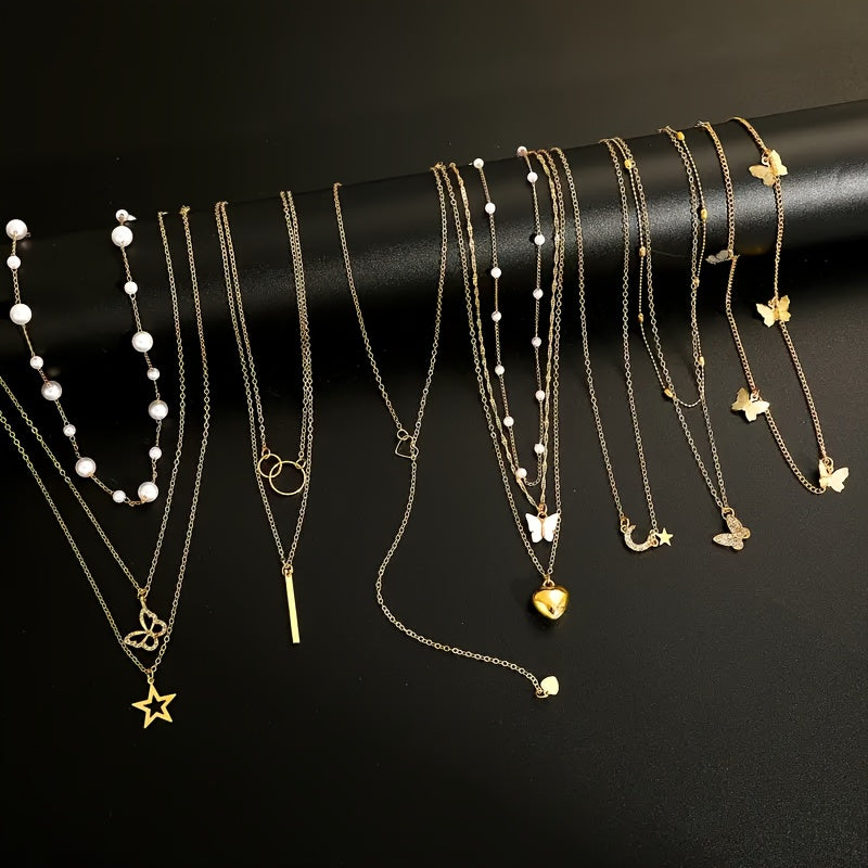 11pcs Creative Fashion Five-Pointed Star Synthetic Zirconia Butterfly Element Faux Women's Multi-Set Necklace Set Suitable for Outing Beach Vacation Jewelry Mother's Day Gift