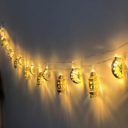 LED Ramadan Light String, 1.65 Meters 10 Lights Golden Star and Moon Light String, Golden Palace Lamp Battery Model Without Batteries, Eid al-Fitr Stars and Moons Decorative Lights, Muslim Festival Party Decoration, Home Deco