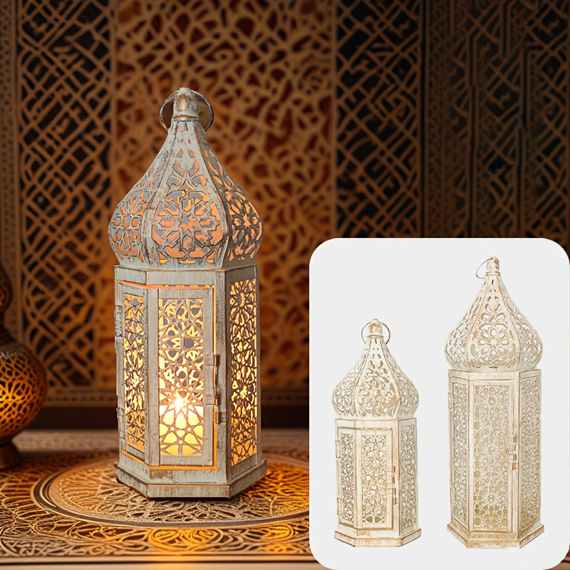 قطعتان من الشمعدانات المعدنية المغربية الكلاسيكية - حامل شموع ورف للمدفأة، مناسبان لتزيين المنزل. [الشموع غير متضمنة]