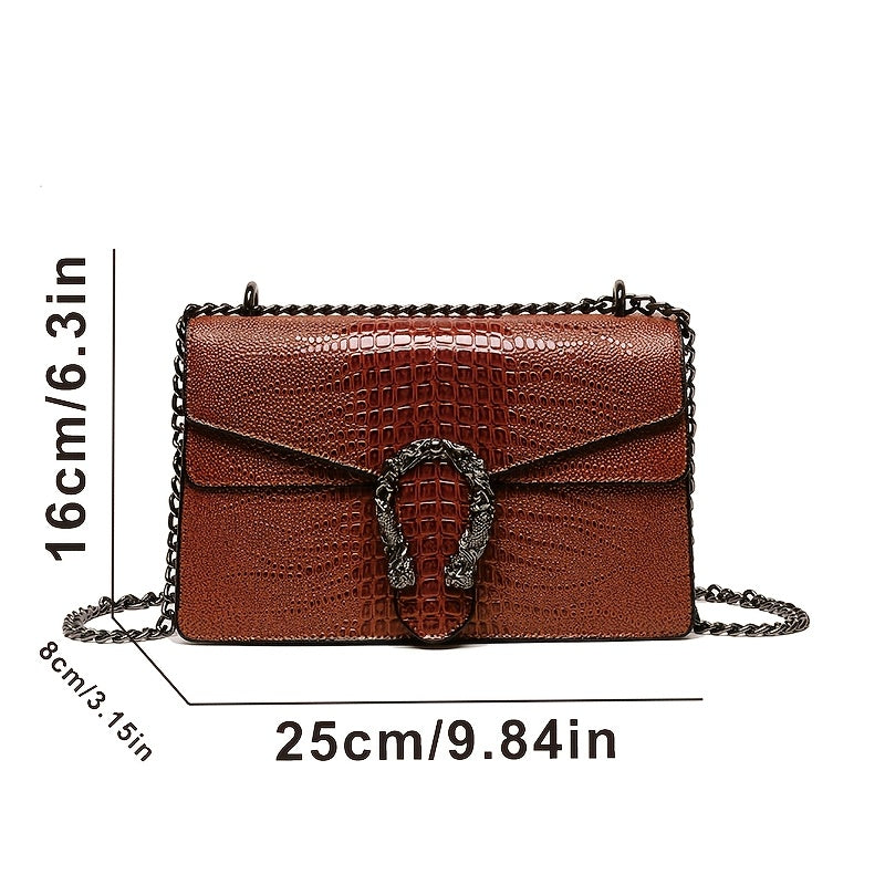 Women’s Luxury Crocodile-Embossed Crossbody Bag – Vintage Faux Leather Shoulder Purse with Adjustable Chain Strap, Zipper & Snap Closure, G-Style Design