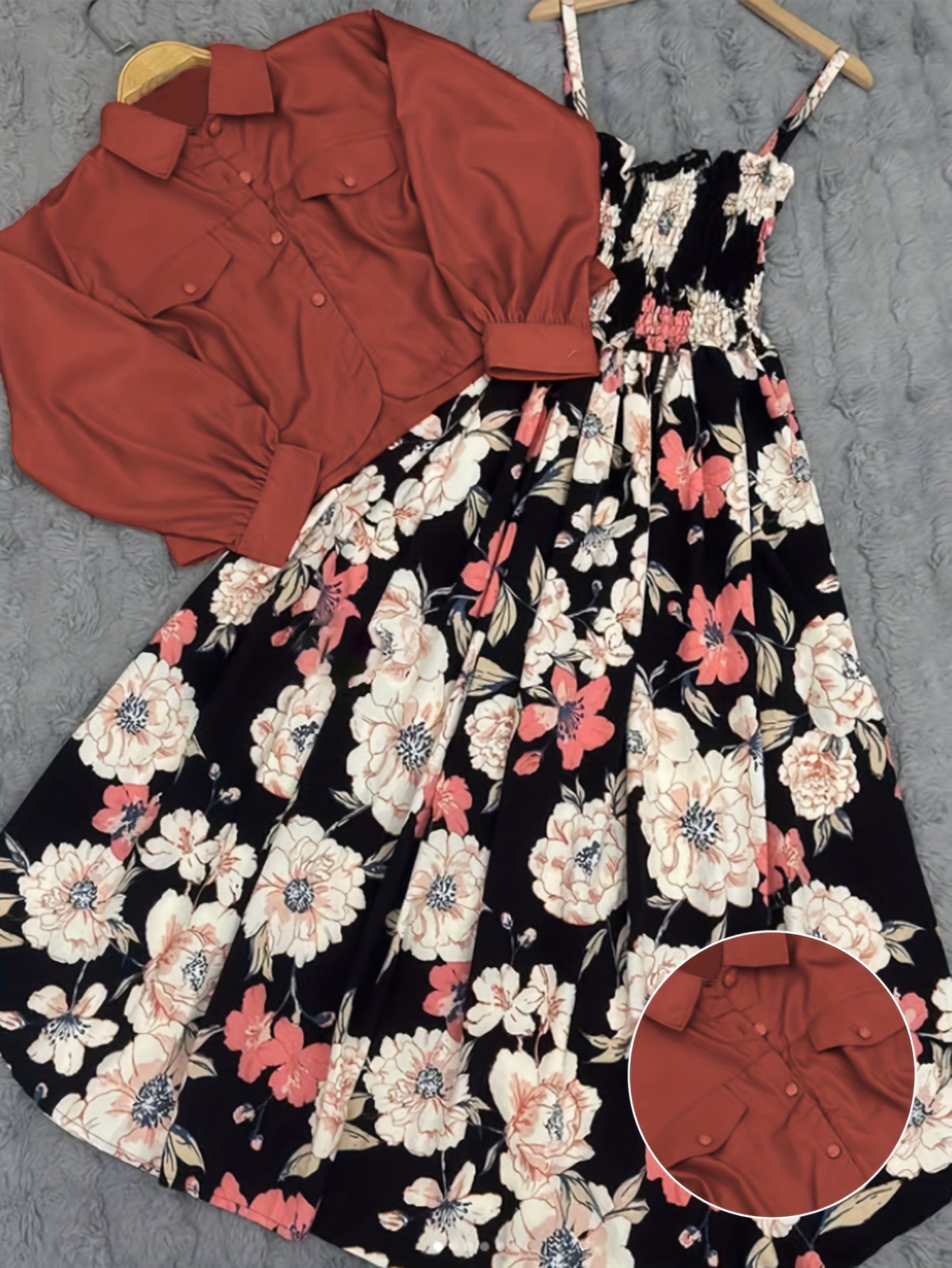 2026 Women’s Autumn/Winter Two-Piece Set – Soft Short Solid-Color Jacket with Elegant Strap-Print Tie & Long Flared Dress