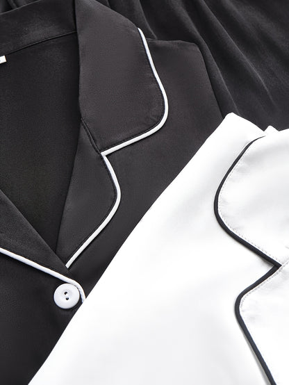 Women’s 2-Set Satin Pajama Collection – Long-Sleeve & Long-Pants Solid Color Sleepwear with Turned Collar and Elegant Button Detailing for Autumn/Winter