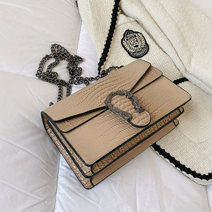 Women’s Luxury Crocodile-Embossed Crossbody Bag – Vintage Faux Leather Shoulder Purse with Adjustable Chain Strap, Zipper & Snap Closure, G-Style Design