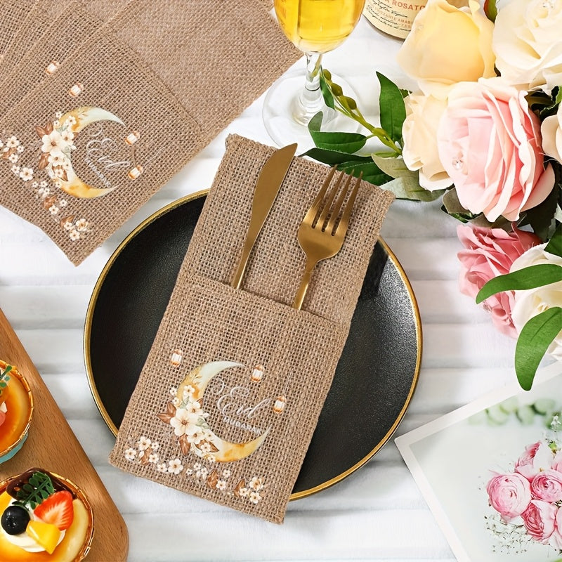 Set of 5 Eid-Themed Linen Bags Featuring Moon Lanterns And Flowers, Perfect for Ramadan Celebrations. These Burlap Bags Are Ideal for Eid Mubarak Decorations at Home And for Islamic Muslim Party Supplies, Including Tableware