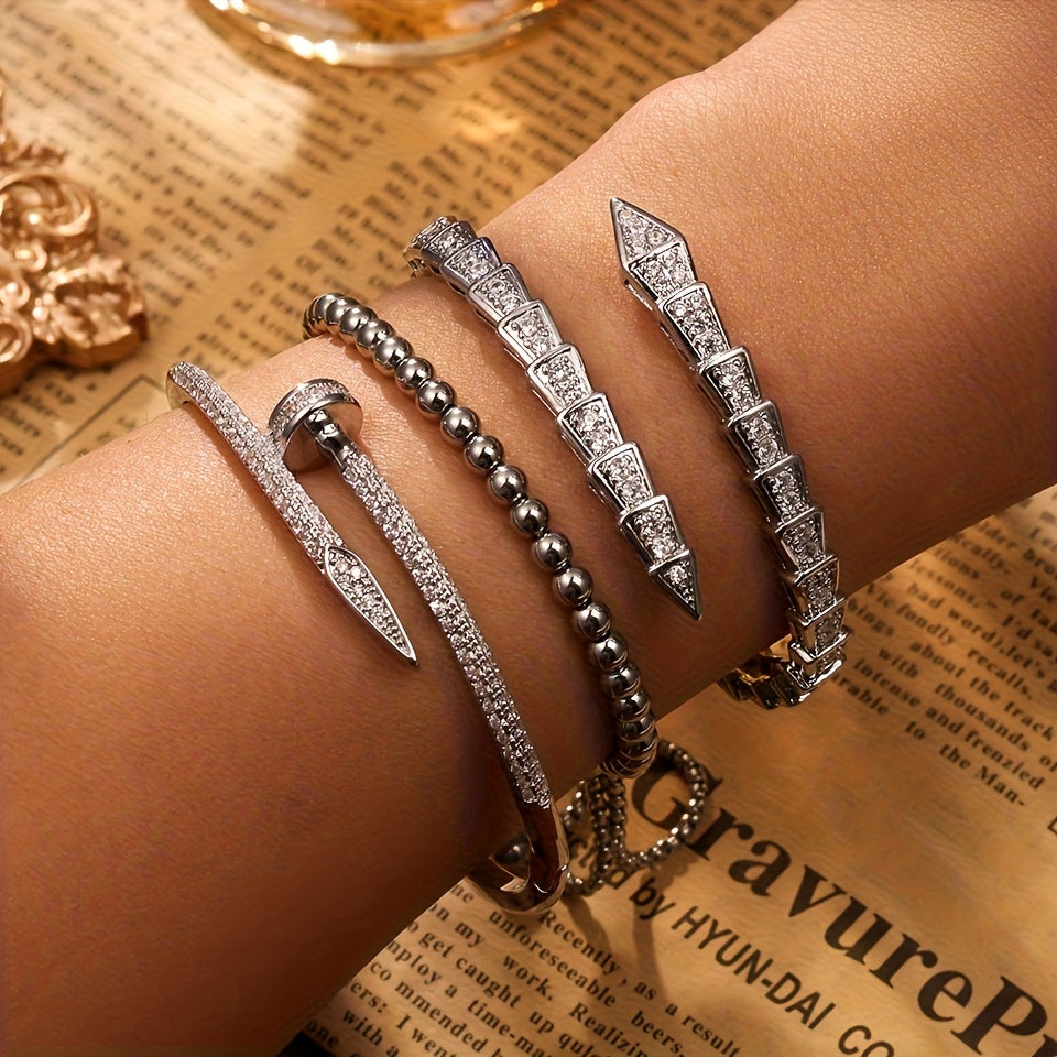Exquisite Luxury Women'S Jewelry Set of 3, Elegant Style with Copper Plated Golden Inlaid Synthetic Zirconia Design Featuring Snake-Shaped Open Bracelet, Nail-Shaped Bracelet, and Round Bead Bracelet Suitable for Daily Wear a