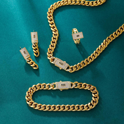 Golden Chain Jewelry Set – Necklace, Bracelet, Earrings & Open Ring with Synthetic Zircon, Punk Hip-Hop Style for Daily Wear & Holiday Gifts