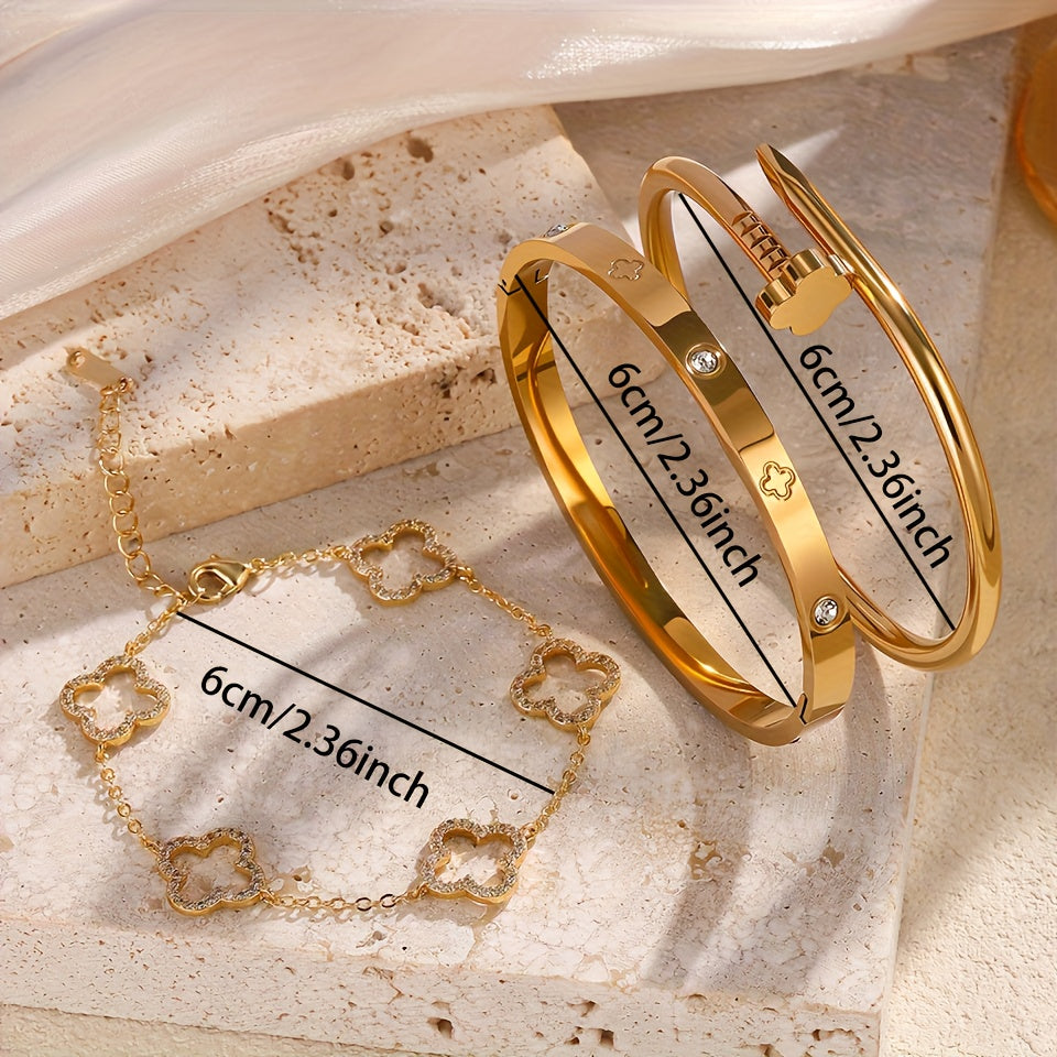 طقم مجوهرات نسائي مكون من 3 قطع على شكل زهرة بأربع أوراق - أساور عصرية من الفولاذ المقاوم للصدأ على الطراز الأوروبي والأمريكي مع تطعيمات من الزركونيا اللامعة، مثالية للارتداء اليومي والحفلات