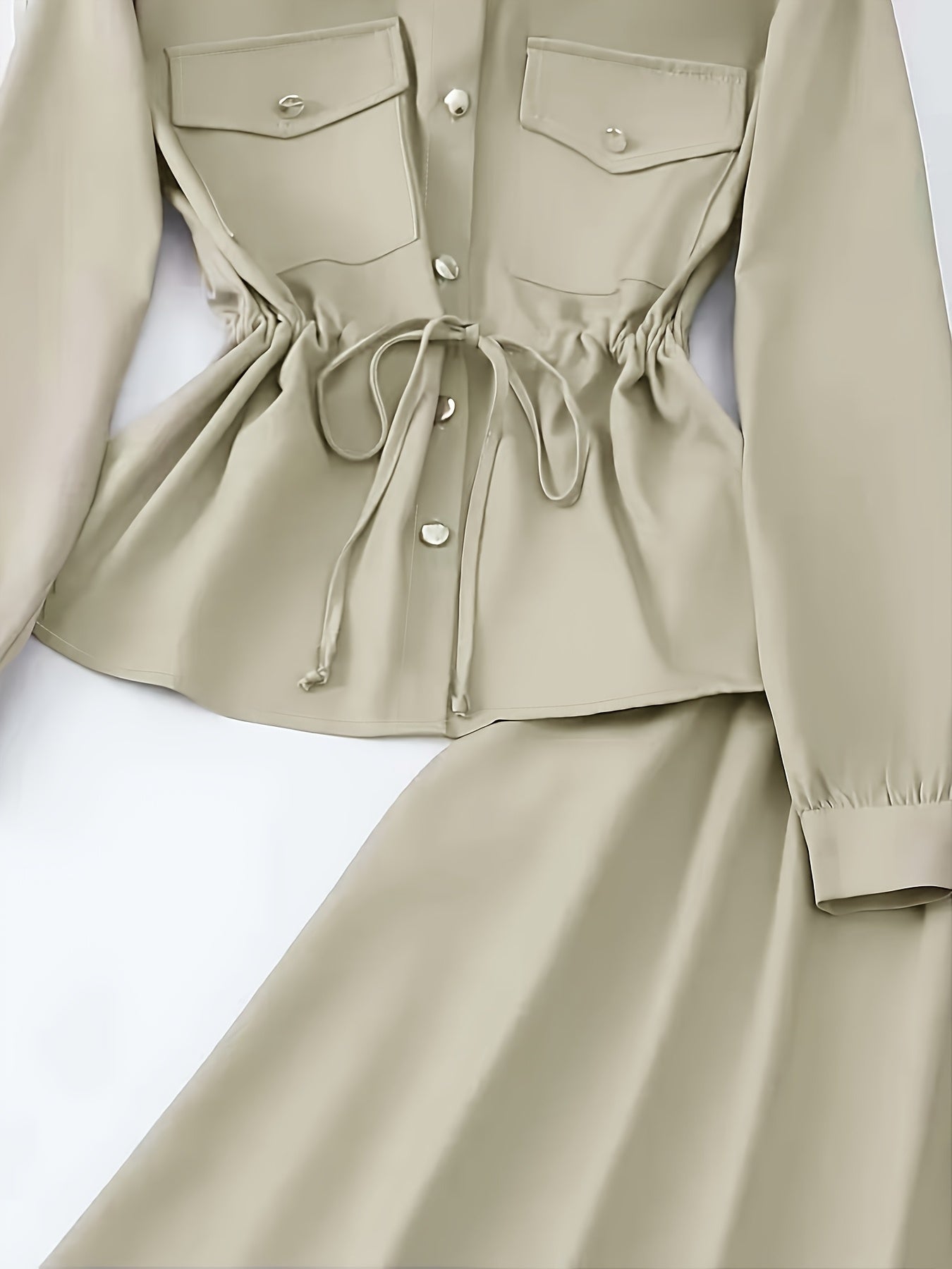 Elegant Women’s Drawstring Waist Top & Skirt Set – Spring/Autumn Collection