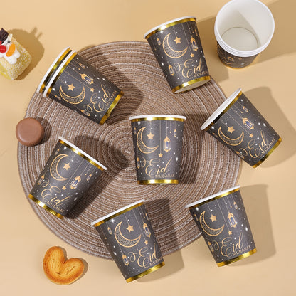 20pcs/40pcs/60pcs Black & Golden Elegant Eid Mubarak Party Disposable 9Oz Paper Cups with Golden Edge | Golden Foil Moon Star Lantern Print, Ideal for Ramadan Kareem Festival Gatherings Valentine Easter