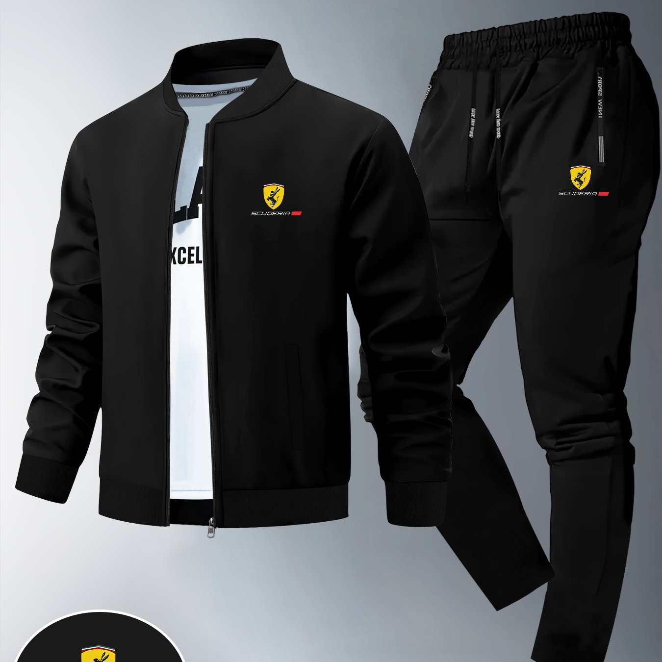 طقم من قطعتين يتكون من سترة ضيقة وبنطال رياضي طويل للرجال، يتميز بطبعات الفريق، ونمط بسحاب، مصنوع من قماش ناعم، مناسب للارتداء غير الرسمي في فصلي الخريف والشتاء.