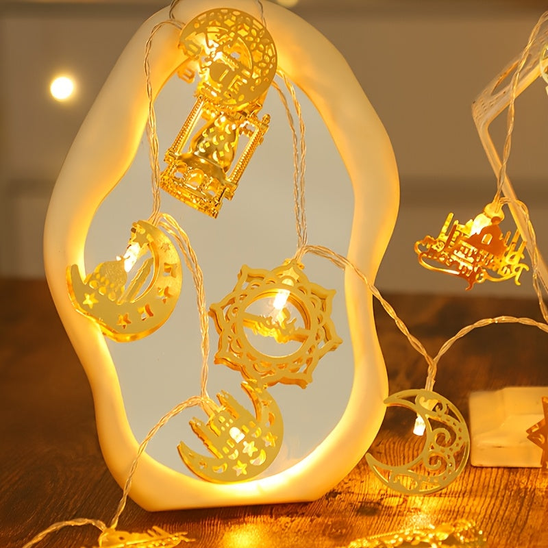 10-LED Mixed Style Iron Moon Castle Oil Lamp String | Durable Ramadan Festival Decoration, Suitable for Ramadan, Spring, Winter, Bedroom, Battery Powered (Battery Not Included)