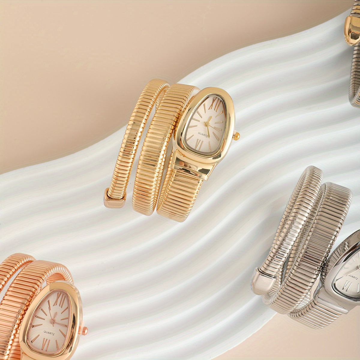 Bohemian Snake Watch Set – Quartz Movement, Flexible Coil Strap & Oval Case, Elegant Snake Pattern, Durable & Stylish Gift Timepiece