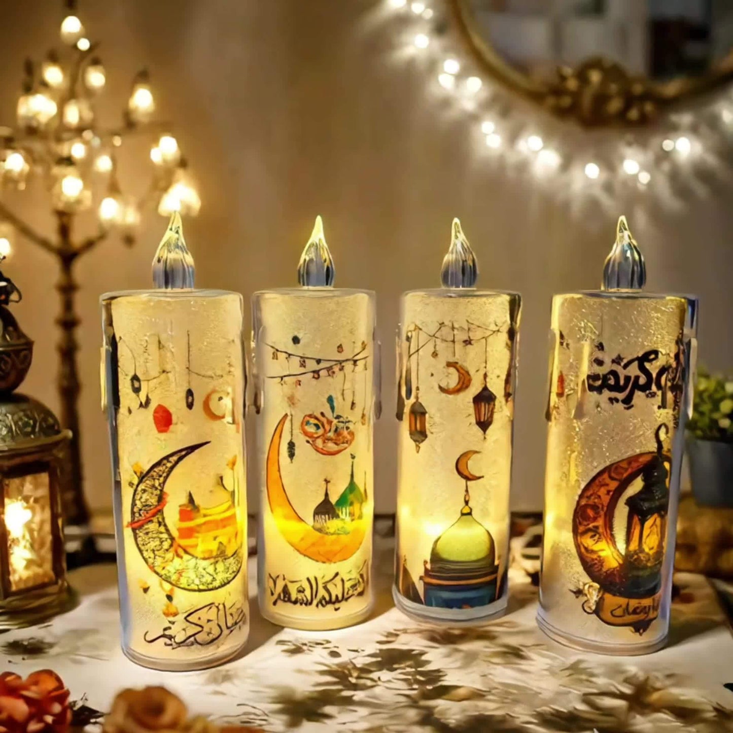 [Ramadan Decor | LED Candles] 2pcs High-Quality LED Crystal Flameless Candles with Islamic Motifs | Battery Operated, Ramadan Decor for Indoor & Outdoor Use | Perfect for Parties, Family Gatherings, and Festive Celebrations (