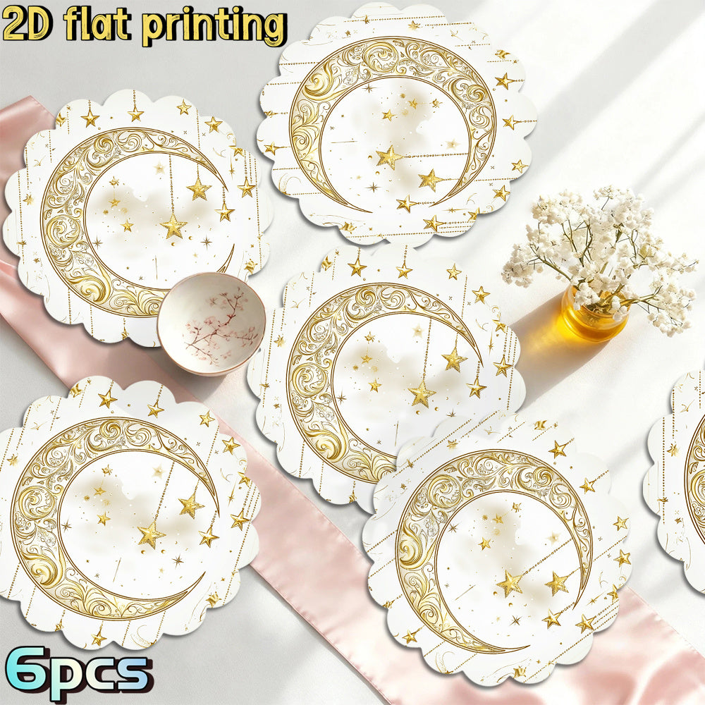 6pcs 2D Flat Printing Ramadan Golden Crescent Star Decorative Pattern Placemats, for Ramadan Gatherings, Festival Tables, Creating Warm Gorgeous Ramadan Atmosphere, Fitting Festive Meal and Table Decor, Suiting Holiday Dining