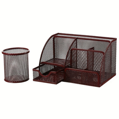 2-Piece Mesh Desk Organizer Set with Sticky Note Holder – Expandable Rustproof Iron Caddy for Home, Office & School Supplies (Black, Green, Pink, Purple)