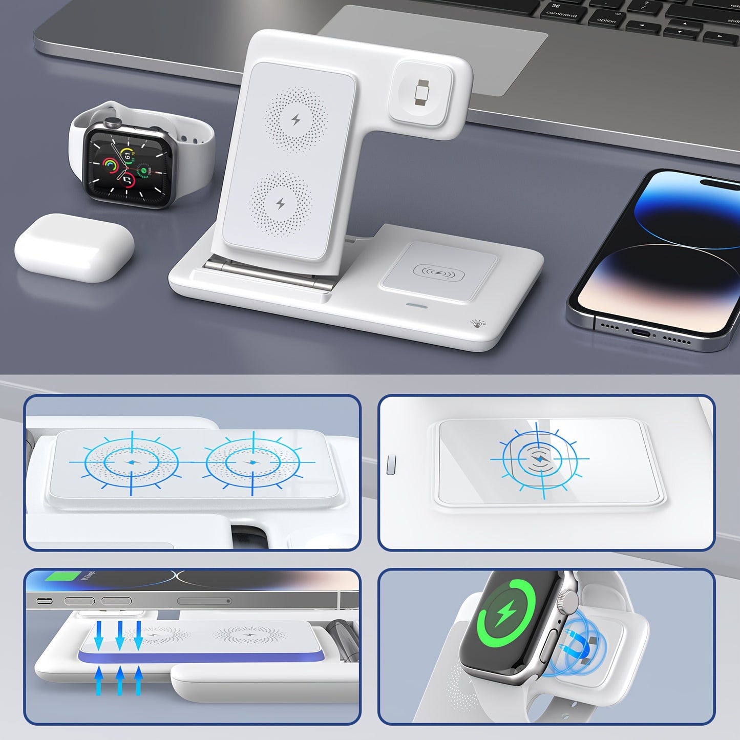 3-in-1 Magnetic Wireless Charging Station – Adjustable Stand USB Charger for iPhone, Apple Watch & AirPods (No Battery Needed)
