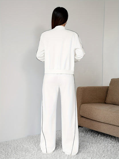 طقم نسائي من قطعتين، جاكيت بسحاب متعدد الألوان وبنطلون برباط، مناسب للربيع والخريف