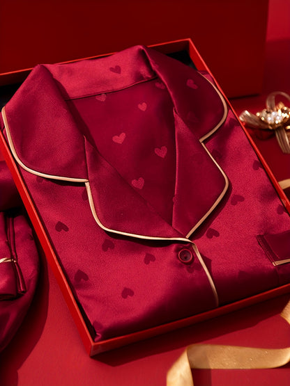 Women’s Elegant Red Heart-Pattern Pajama Set – Soft Long-Sleeve Top & Pants with Lapel Collar and Button Details for Spring/Fall