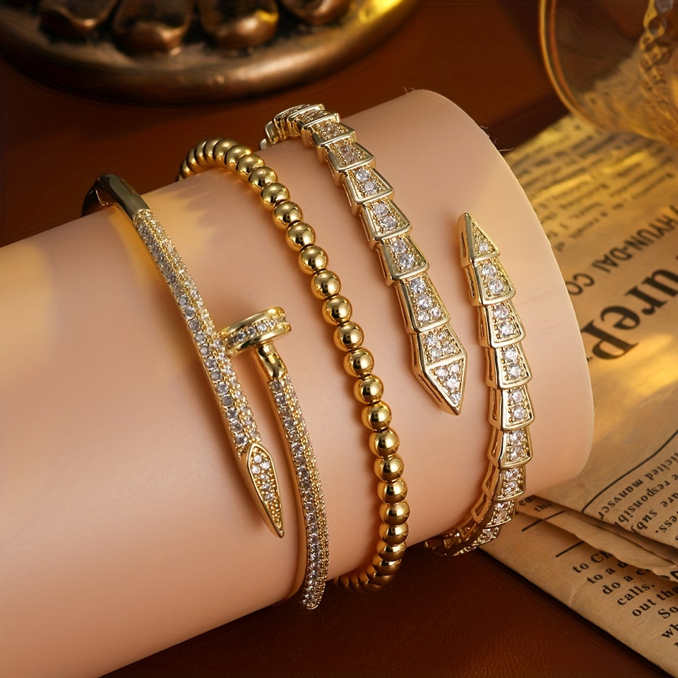 Exquisite Luxury Women'S Jewelry Set of 3, Elegant Style with Copper Plated Golden Inlaid Synthetic Zirconia Design Featuring Snake-Shaped Open Bracelet, Nail-Shaped Bracelet, and Round Bead Bracelet Suitable for Daily Wear a