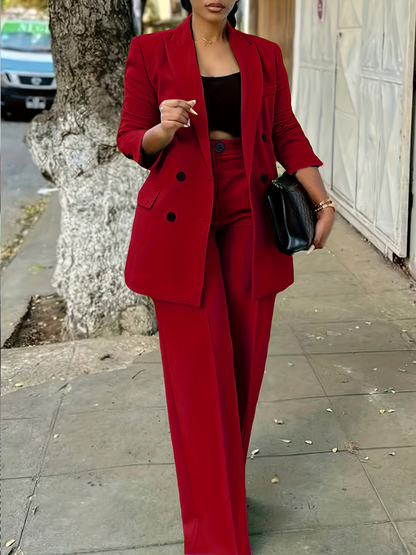 Women's Casual Double-Breasted Blazer and Straight-Leg Pants Suit Set