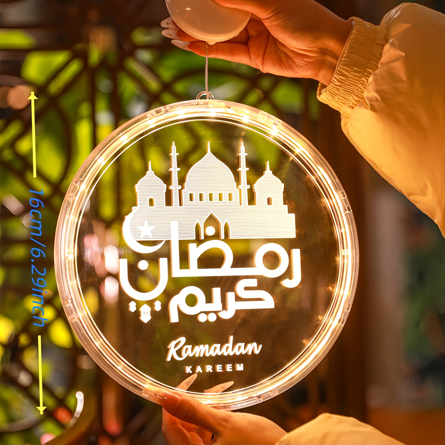 فوانيس رمضانية بتقنية LED - تصميم الخط العربي والهلال، تعمل بالبطارية، مصابيح معلقة داخلية/خارجية مع زر تحكم، فوانيس زخرفية