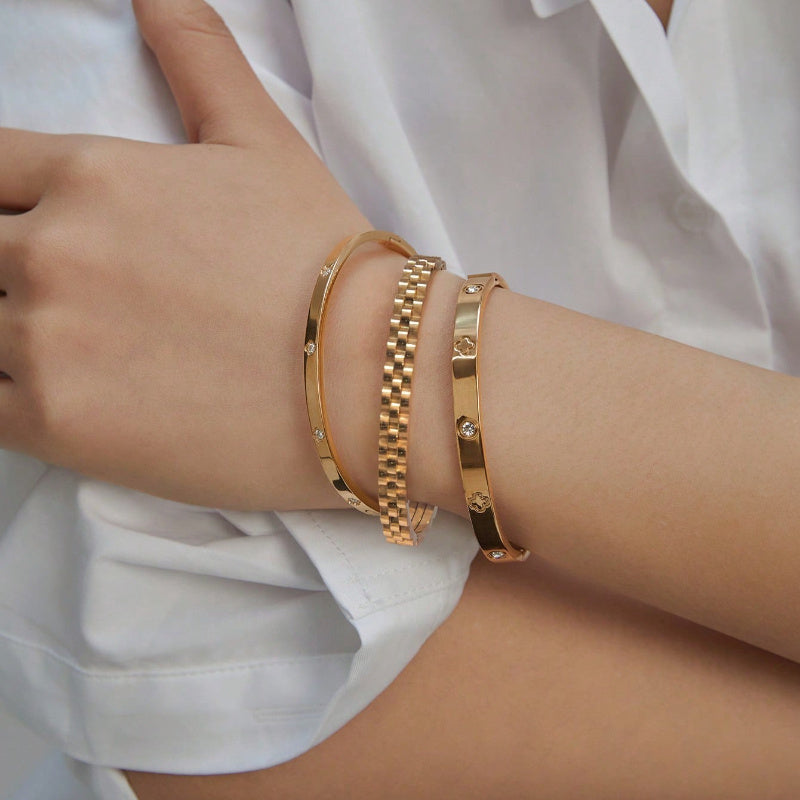 3-Piece Gold-Plated Stainless Steel Bracelet Set – Elegant Chain & Clover Designs for Parties, Festivals, Weddings & Special Gifts