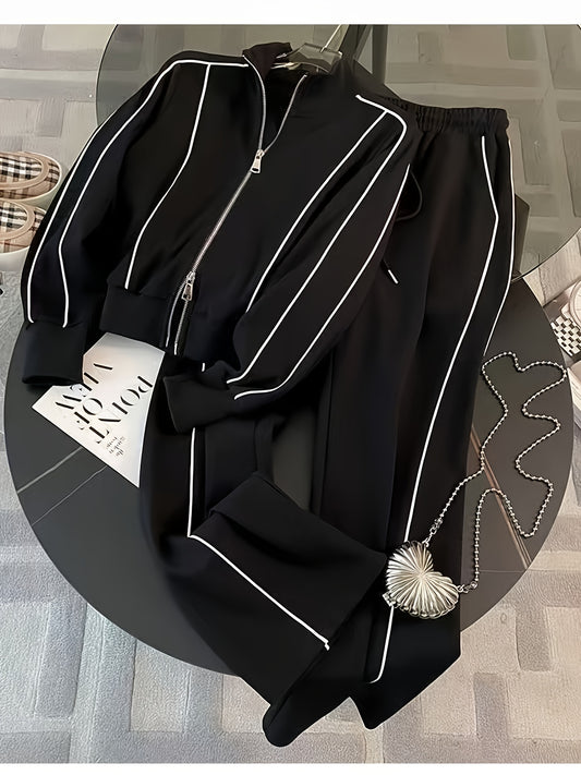 Women’s Color-Block Zip-Up Jacket & Drawstring Pants Two-Piece Set – Casual Spring/Autumn Outfit