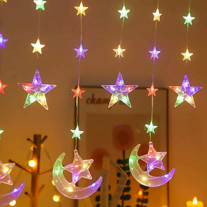 ستارة إضاءة دافئة على شكل هلال ونجمة، بطول 200 سم/78.74 بوصة، أضواء سلسلة LED رمضانية، مناسبة لتزيين غرف النوم، وتزيين الجدران والنوافذ، خيار مثالي لرمضان، عيد الفطر، رمضان مبارك، للمنزل