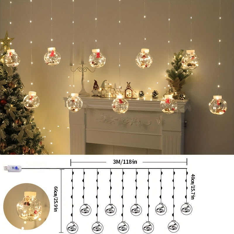 LED Christmas Curtain Lights – Wishing Ball & Snowman Hanging Decorations, Battery-Powered Indoor/Outdoor Holiday Light Set with Push-Button Control