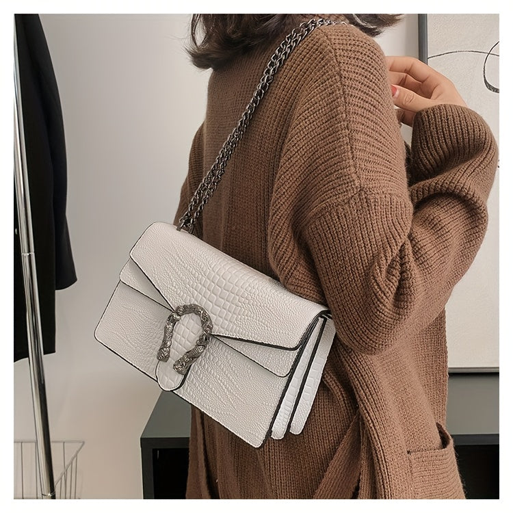 Women’s Luxury Crocodile-Embossed Crossbody Bag – Vintage Faux Leather Shoulder Purse with Adjustable Chain Strap, Zipper & Snap Closure, G-Style Design