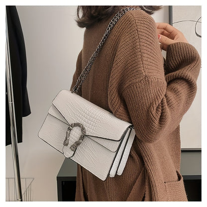 Women’s Luxury Crocodile-Embossed Crossbody Bag – Vintage Faux Leather Shoulder Purse with Adjustable Chain Strap, Zipper & Snap Closure, G-Style Design