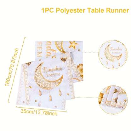 1pc Patimate Ramadan Kareem & Eid Mubarak Table Runner - White & Golden Islamic Crescent Moon and Star Decorations, Muslim Home Table Decor Suitable for Ramadan & Eid Al-Fitr Celebrations, Elegant Islamic Table Cover